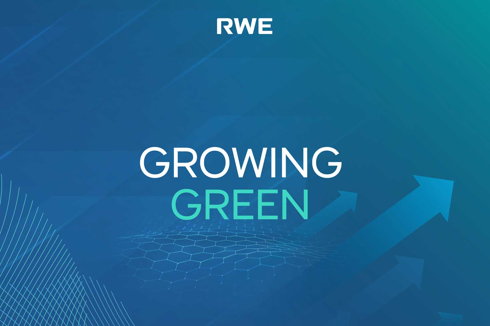 A blue and green graphic featuring the text 'GROWING GREEN' with an upward arrow design and RWE logo.