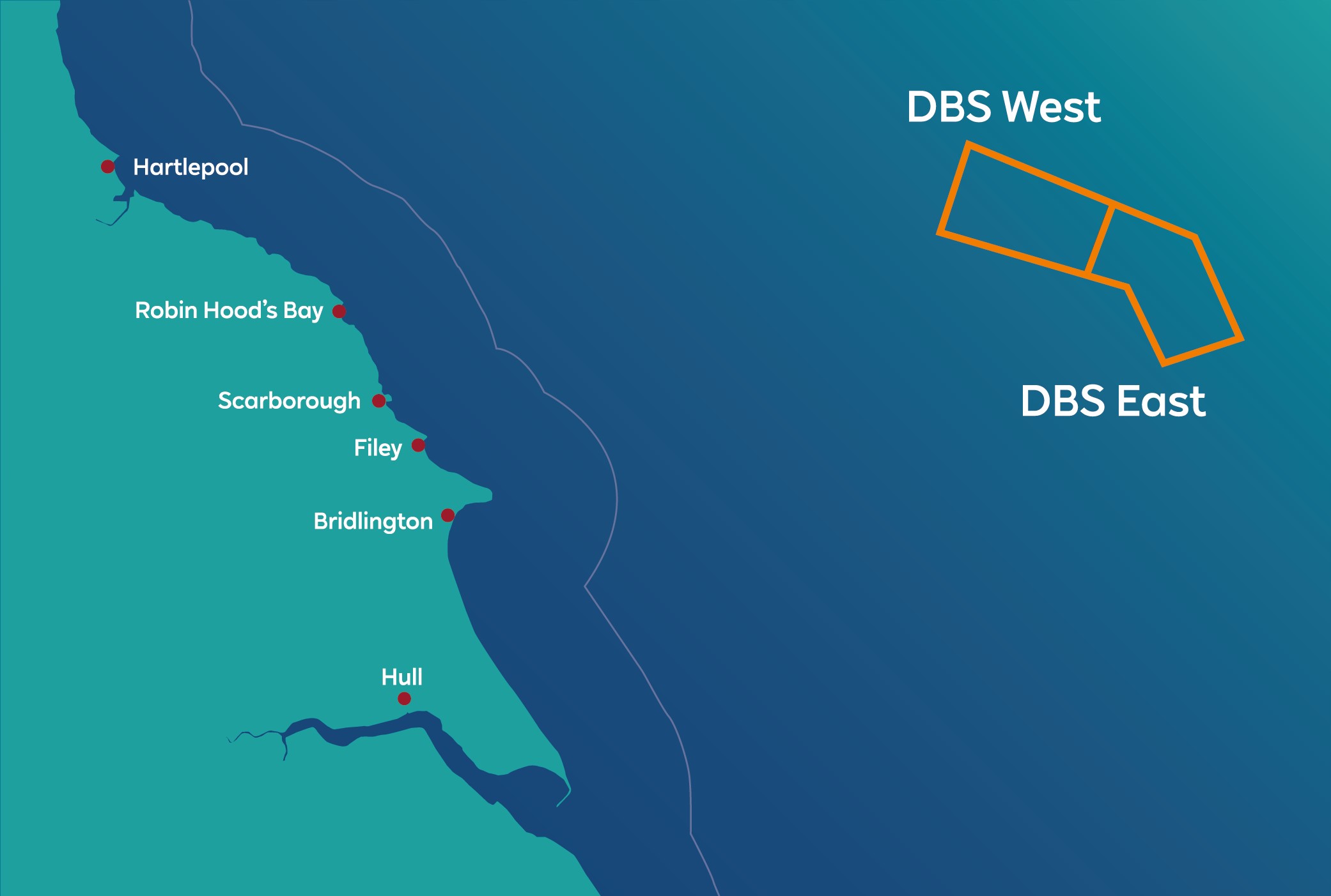 Map showing Hartlepool, Robin Hood’s Bay, Scarborough, and Bridlington with DBS East and DBS West highlighted.