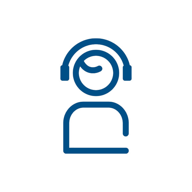 A simple graphic of a person wearing headphones, depicted in blue silhouette.