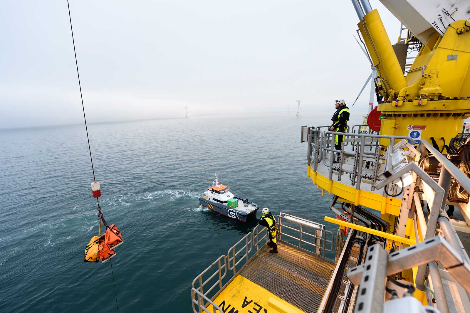 Maintenance service boat at offshore wind farm