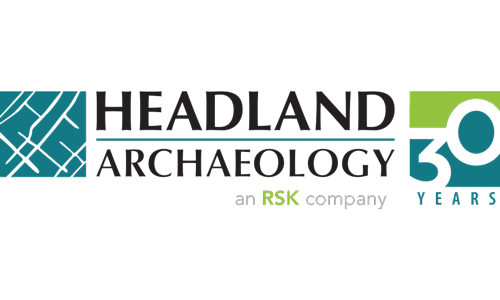 A teal square with white intersecting lines, bold black "HEADLAND ARCHAEOLOGY" text, small gray "an RSK company" and a green-teal "30 YEARS" mark.