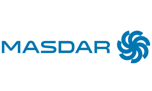 Bold blue word "MASDAR" appears left of a circular blue spiral emblem on a white background, forming a clean, stylized graphic.