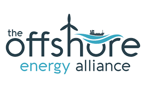 A corporate logo in navy and teal showing a stylized wind turbine and wave with a ship integrated into the word "the offshore energy alliance".