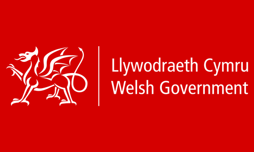 White stylised Welsh dragon emblem and a vertical divider sit left of the white text "Llywodraeth Cymru Welsh Government" on a solid red background.