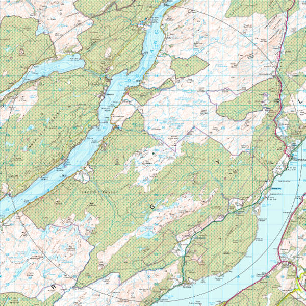 A detailed topographic map showcasing lakes, rivers, and mountainous terrains with grid lines for navigation.