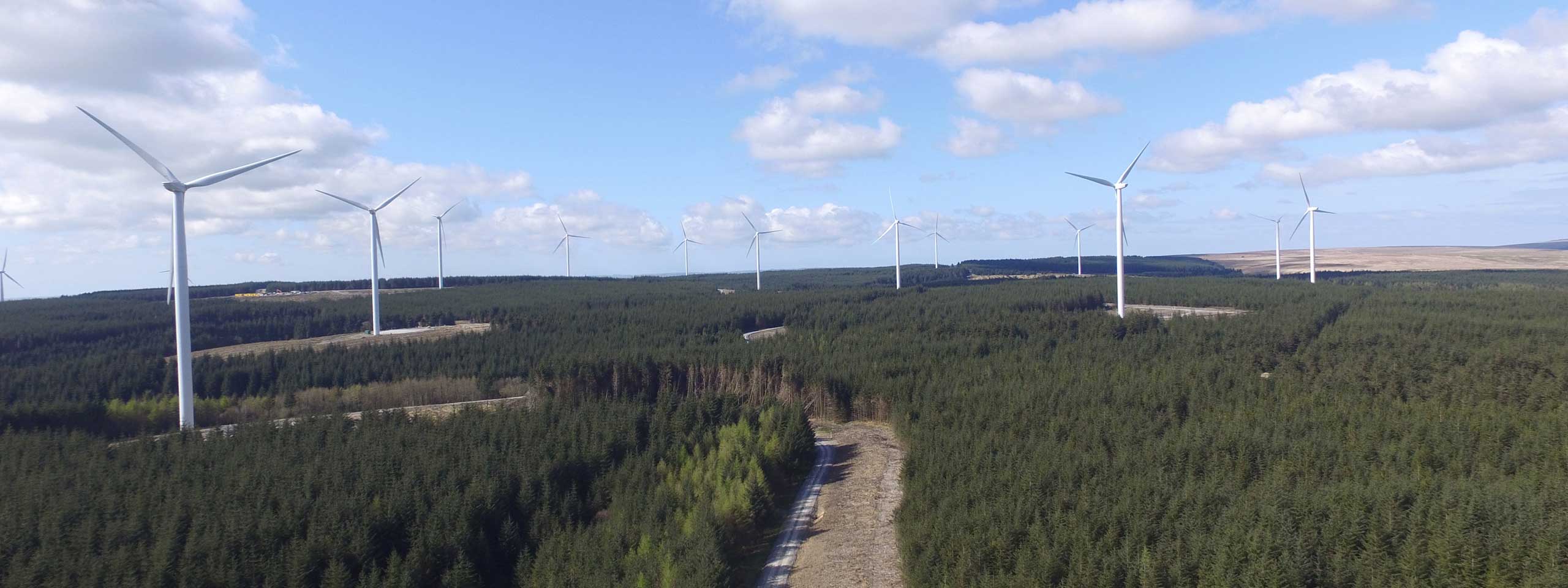 Aerial view of wind turbines in a lush green forest under a blue sky with scattered clouds.