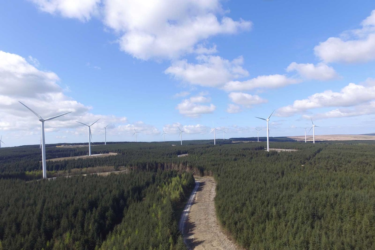 Aerial view of wind turbines in a forested area under a blue sky with scattered clouds.