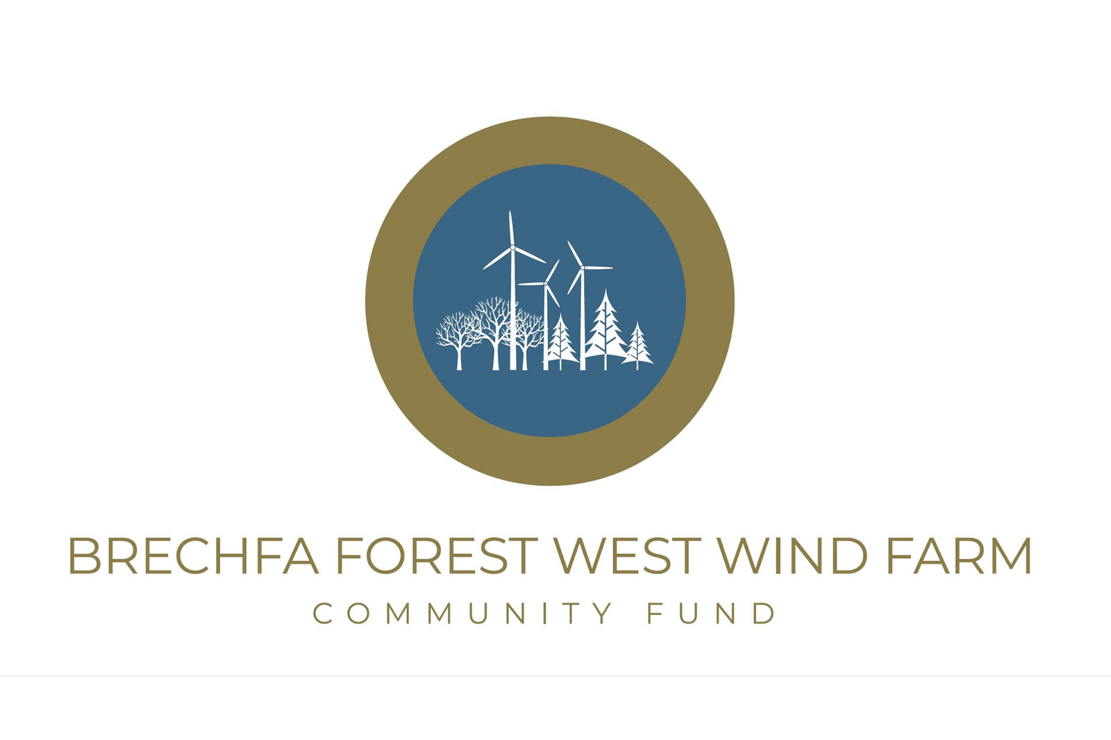 Logo of Brechfa Forest West Wind Farm Community Fund featuring wind turbines and trees in a circular design.
