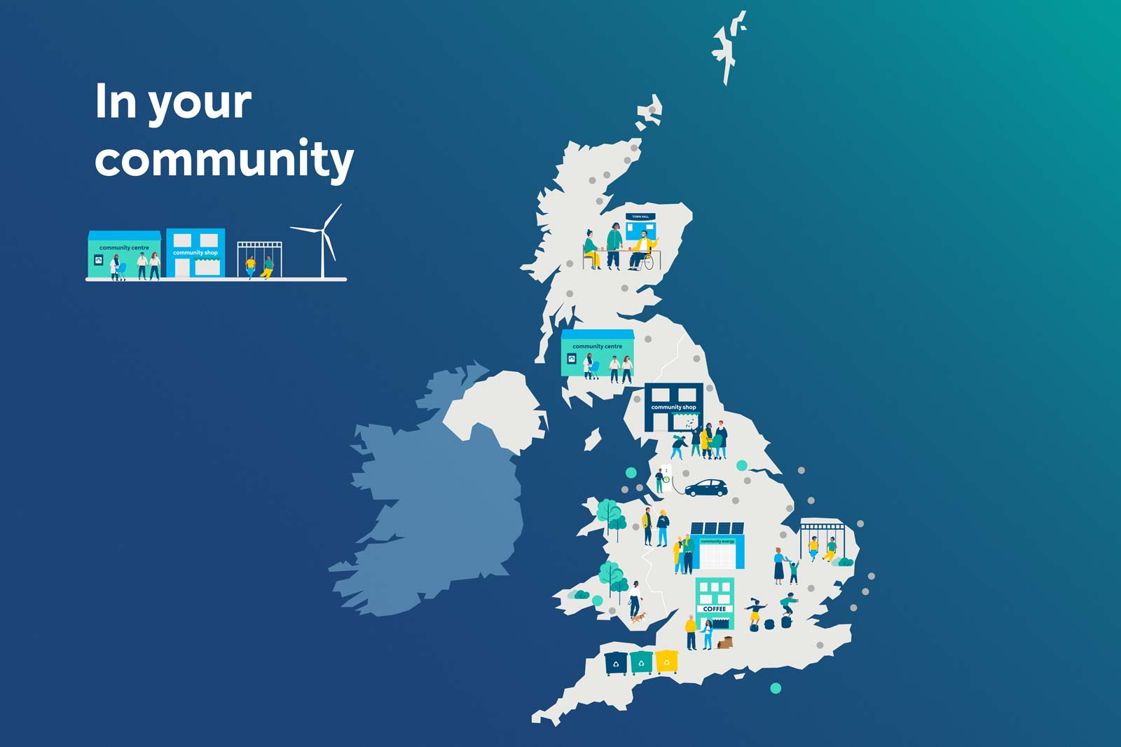 Illustration of the UK map featuring community shops and centres with people engaging in various activities.
