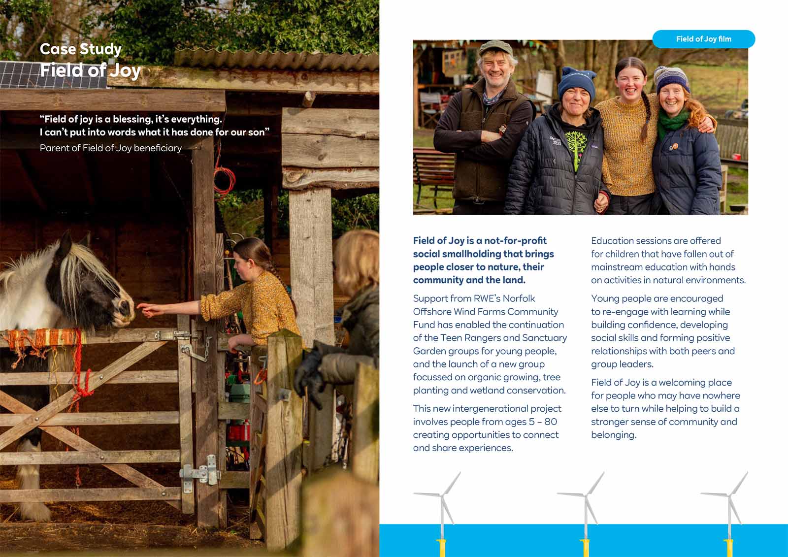 Child in mustard sweater touches hay in a wooden pen while four smiling adults stand on a farm; headline reads "Case Study Field of Joy".