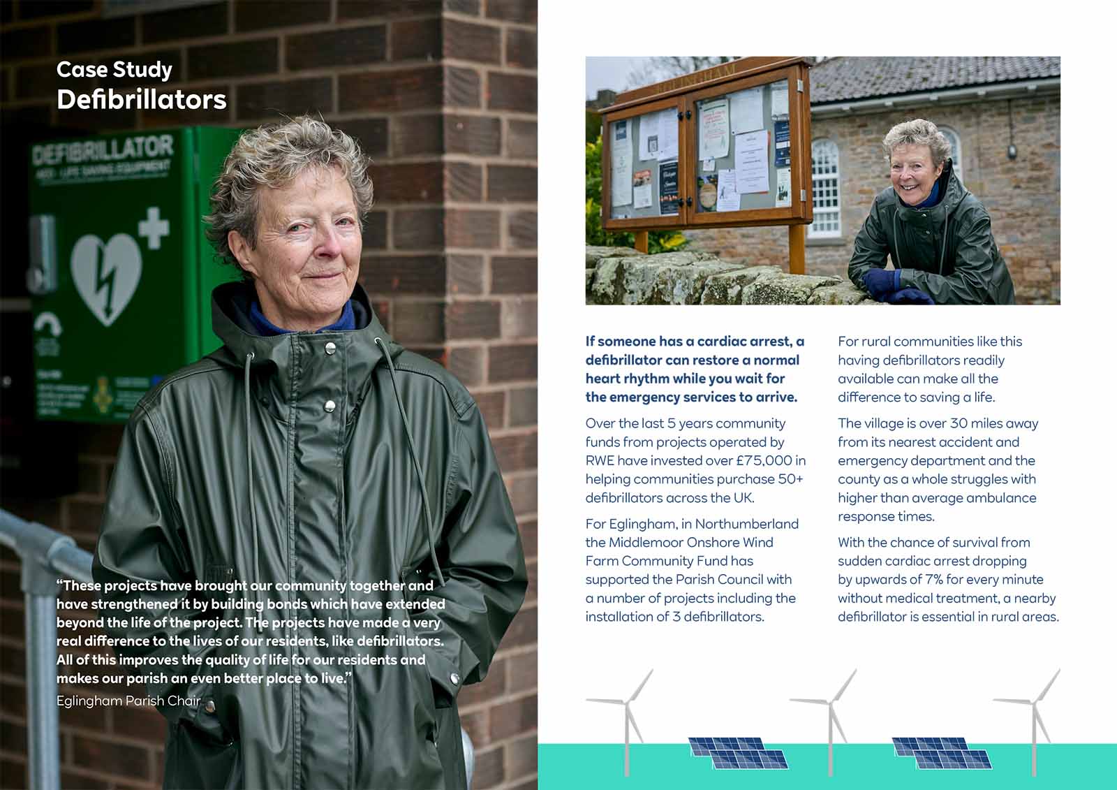 An older woman in a green jacket smiles before a brick wall and a bright green cabinet labeled "DEFIBRILLATOR", with heading "Case Study Defibrillators".