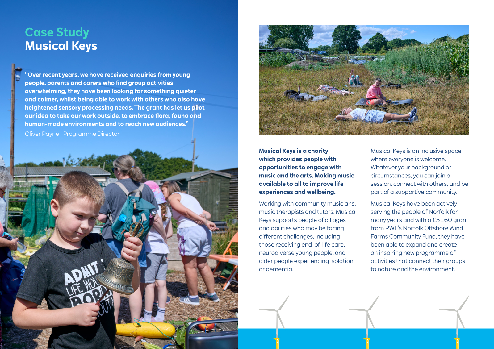 Boy in black T-shirt holds metal handbell on woodchip ground at a sunny outdoor play area beneath a blue header reading "Case Study Musical Keys".