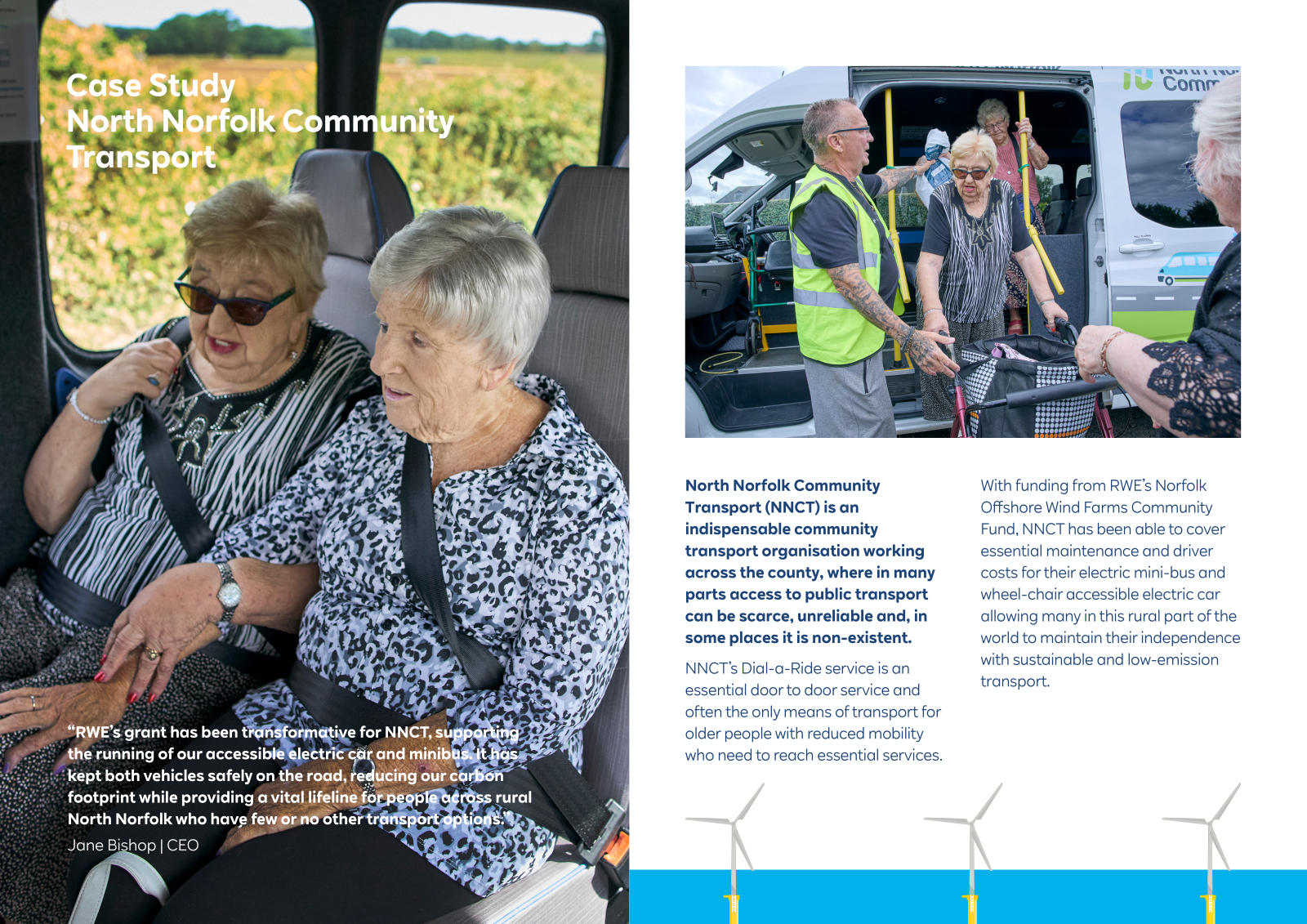 Two elderly women sit buckled in a minibus while a volunteer in a yellow vest helps another woman board a van labeled "North Norfolk Community Transport".