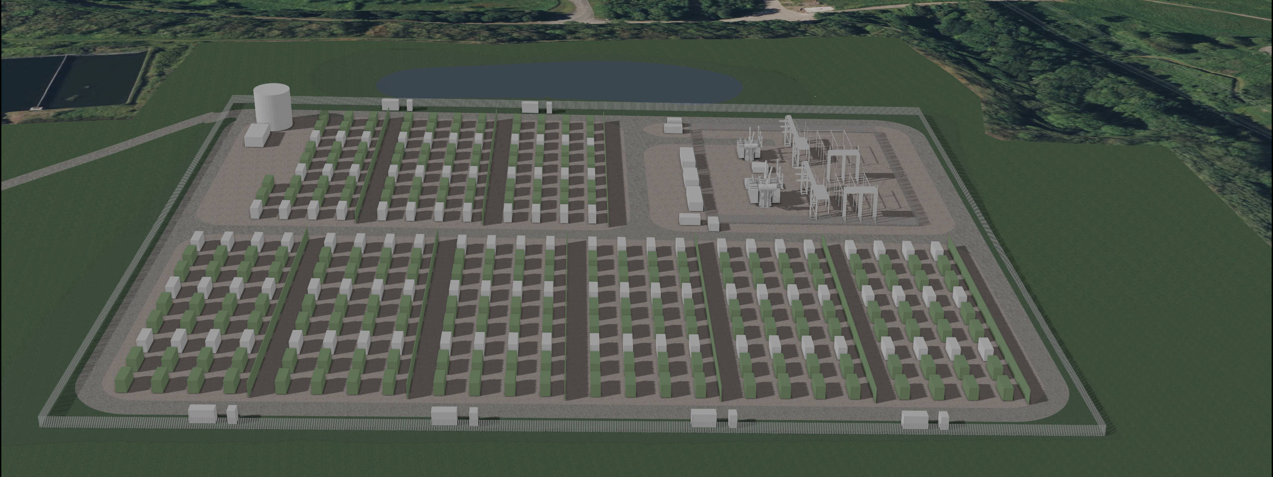 Aerial view of an industrial facility featuring rows of containers and power equipment surrounded by greenery.