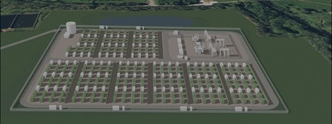 Aerial view of an industrial facility featuring rows of containers and power equipment surrounded by greenery.