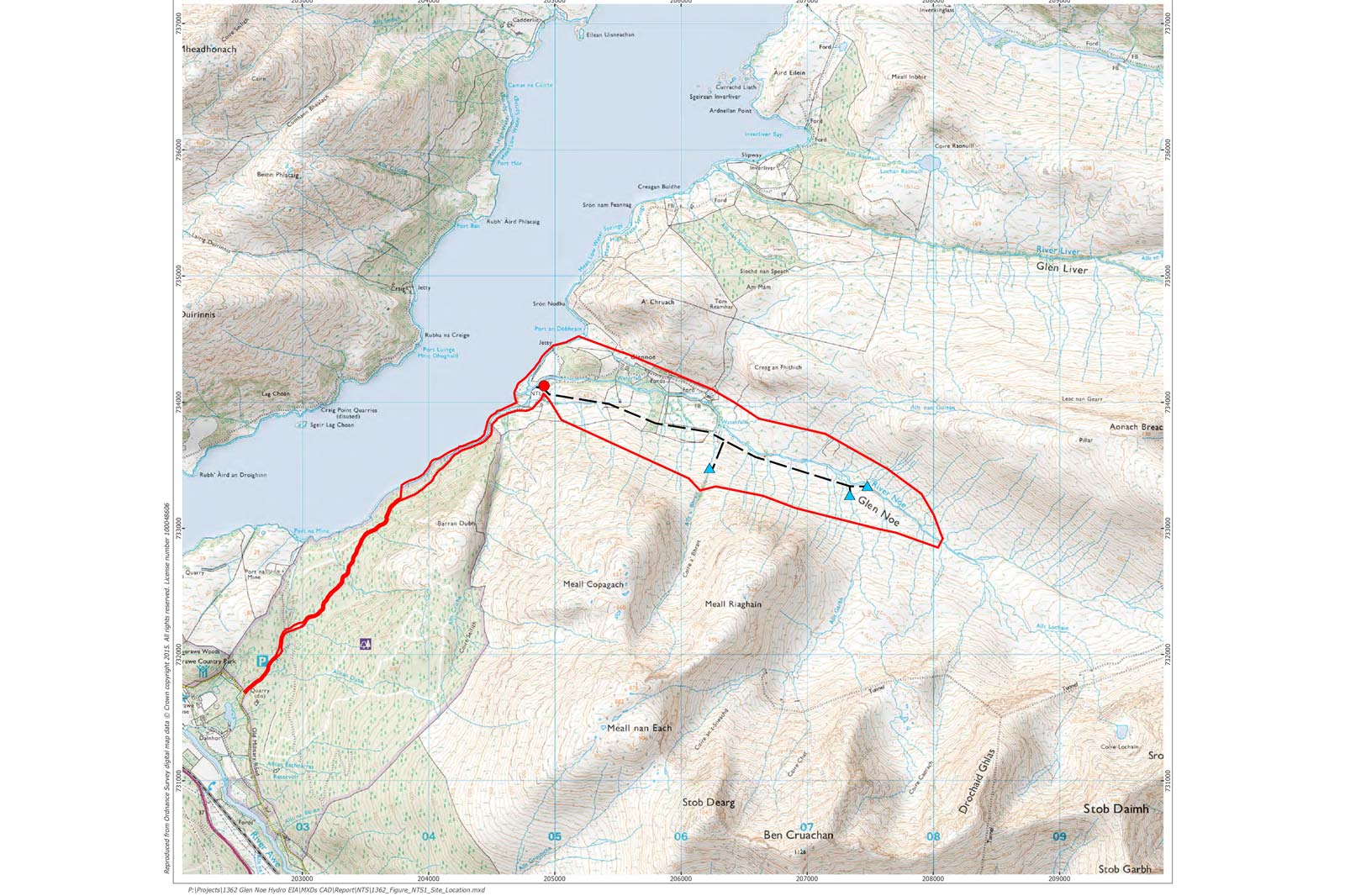 A detailed map showing the Glen Noe area, marked with red and black lines, featuring contour lines and geographical labels.