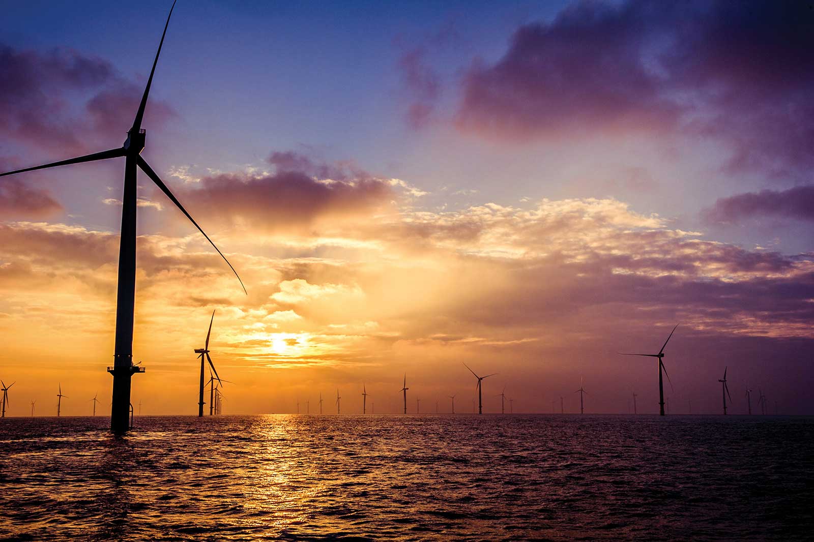 A serene sunset over the ocean with numerous wind turbines silhouetted against a colourful sky.