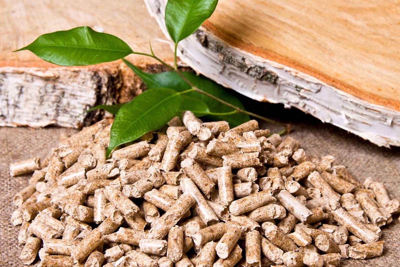 A pile of small wood pellets is placed on a textured surface, with green leaves and a piece of wood in the background.