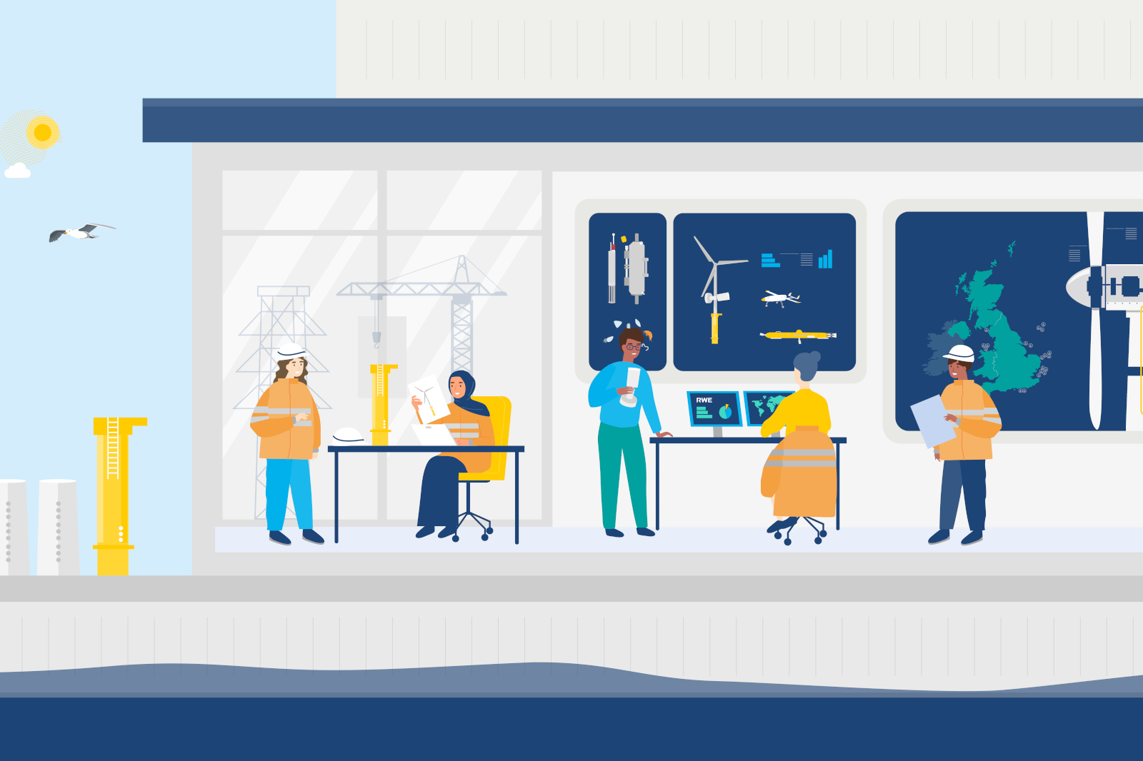 Engineers discuss renewable energy projects in a bright office with blueprints, screens showing wind turbines, maps, and technical drawings.
