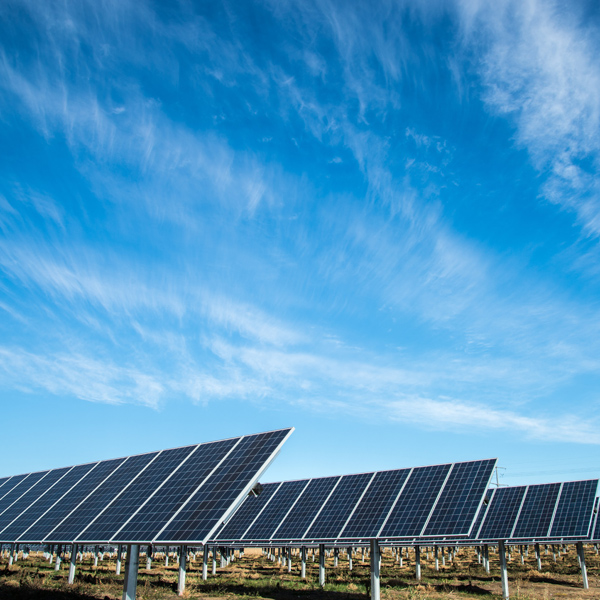 A row of solar panels under a clear blue sky with wispy clouds.