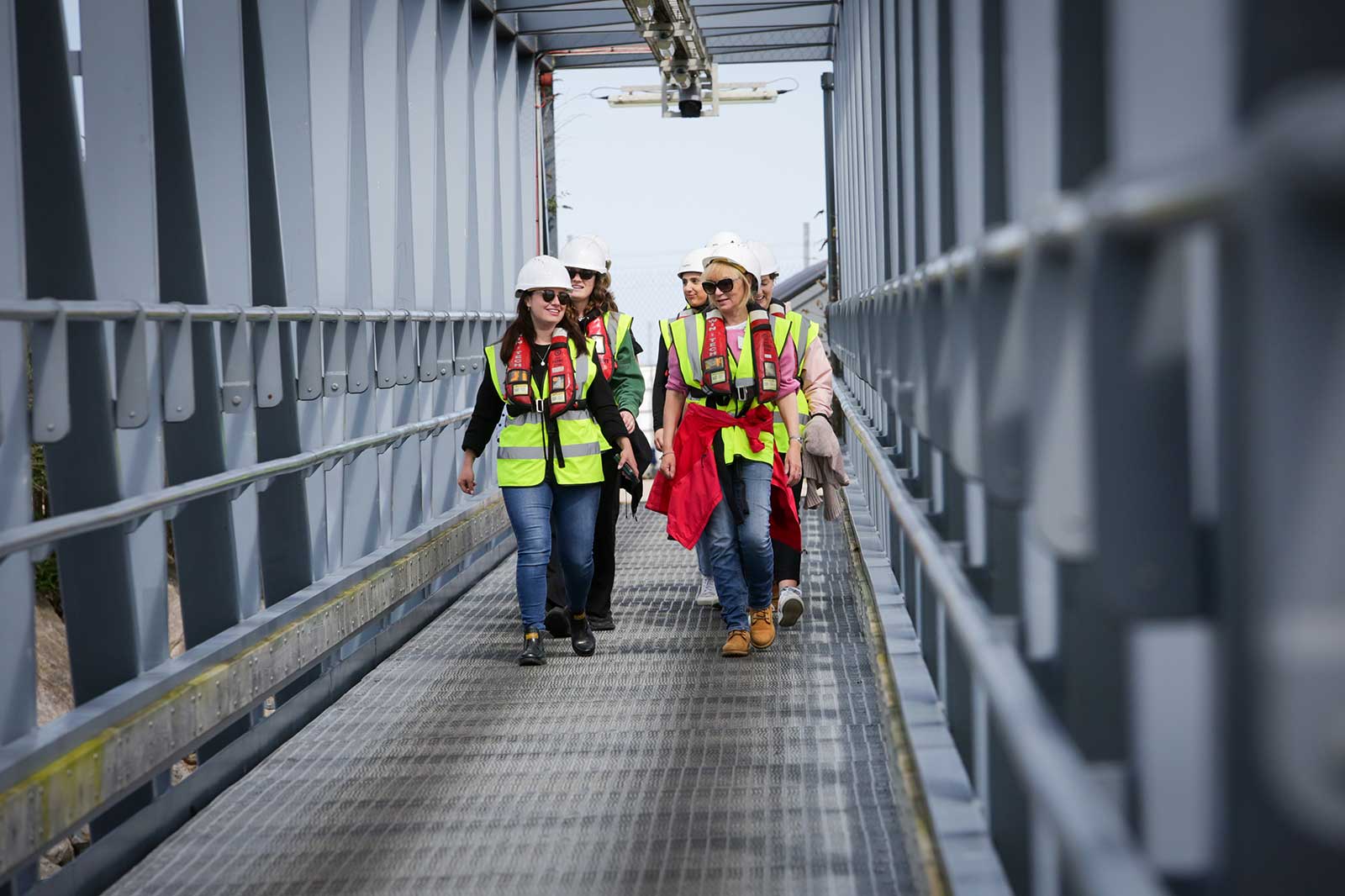 A group of people wearing safety vests and helmets walking on a metallic bridge. The atmosphere appears calm and industrial.