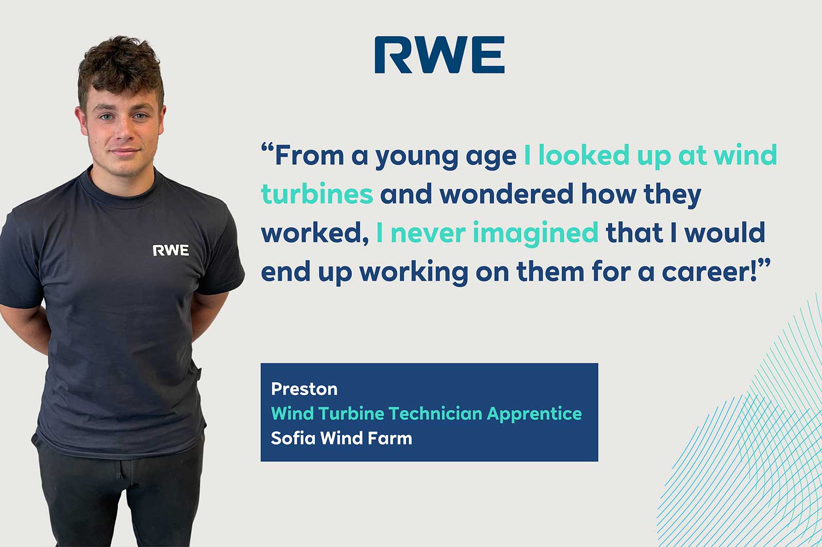 A young man wearing a black T-shirt with 'RWE' stands against a light background, sharing a quote about his career in wind turbines.