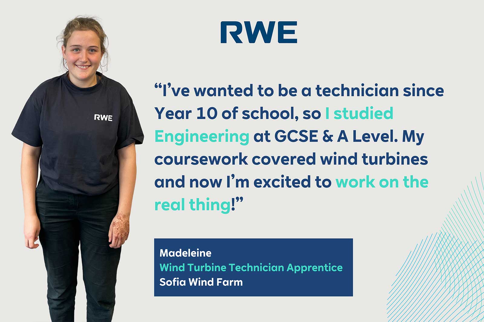 A young technician wearing an RWE shirt stands, sharing her journey in engineering and excitement for wind turbine work.