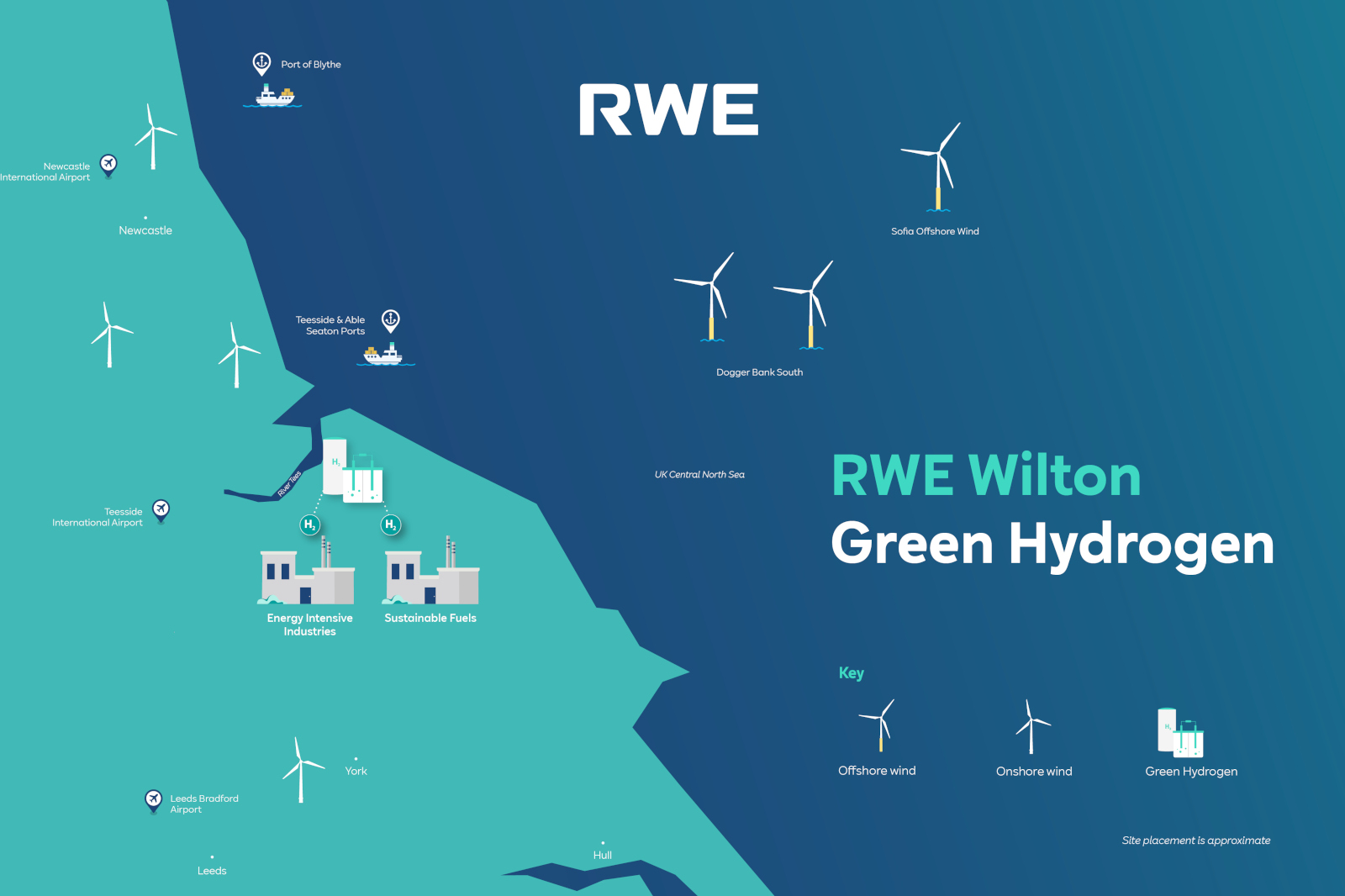 Map illustrating RWE Wilton project with locations of green hydrogen facilities and offshore wind farms.