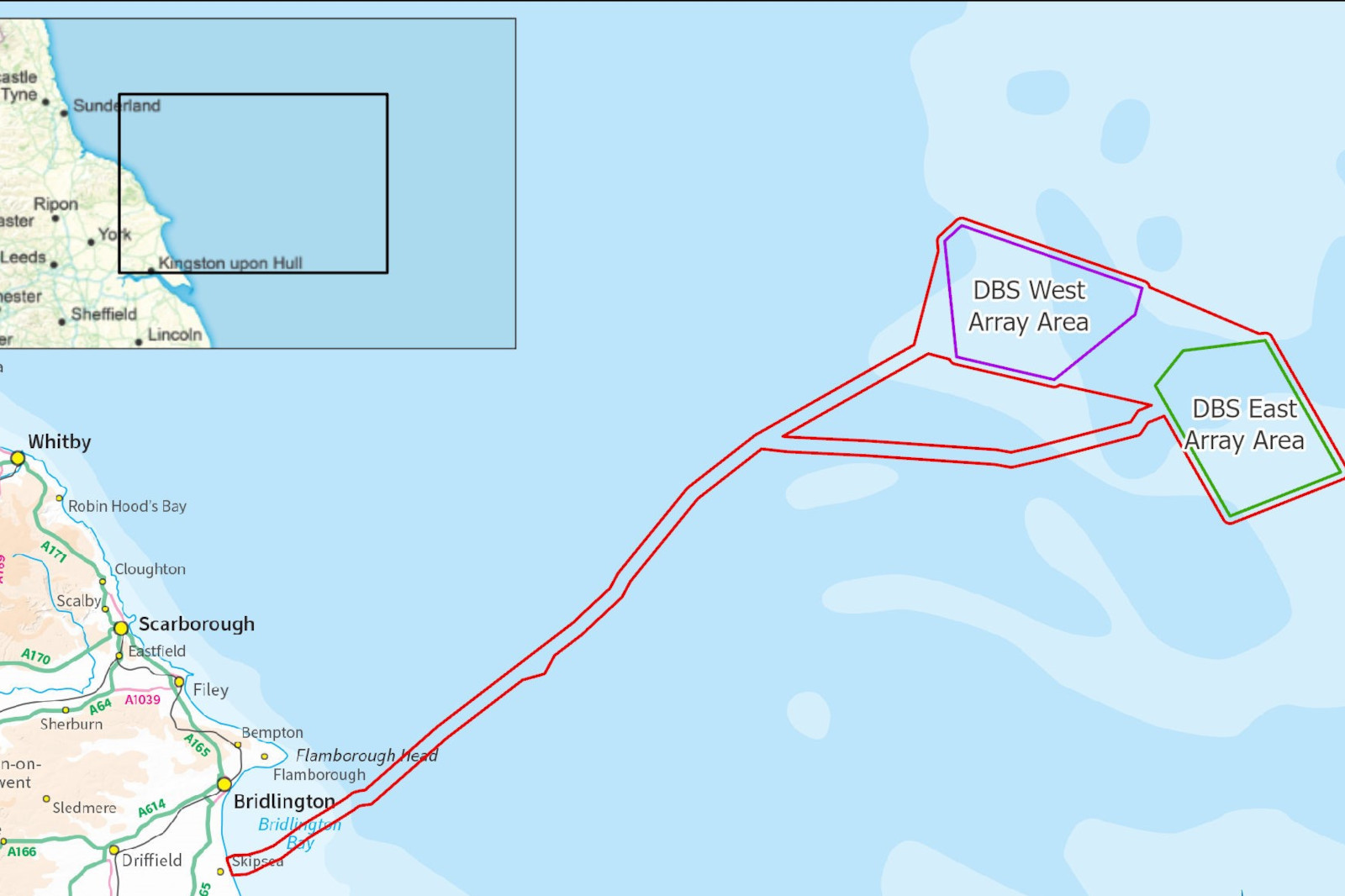 Map showing the DBS West and DBS East Array Areas, with detailed coastal locations in the North Sea near Bridlington.