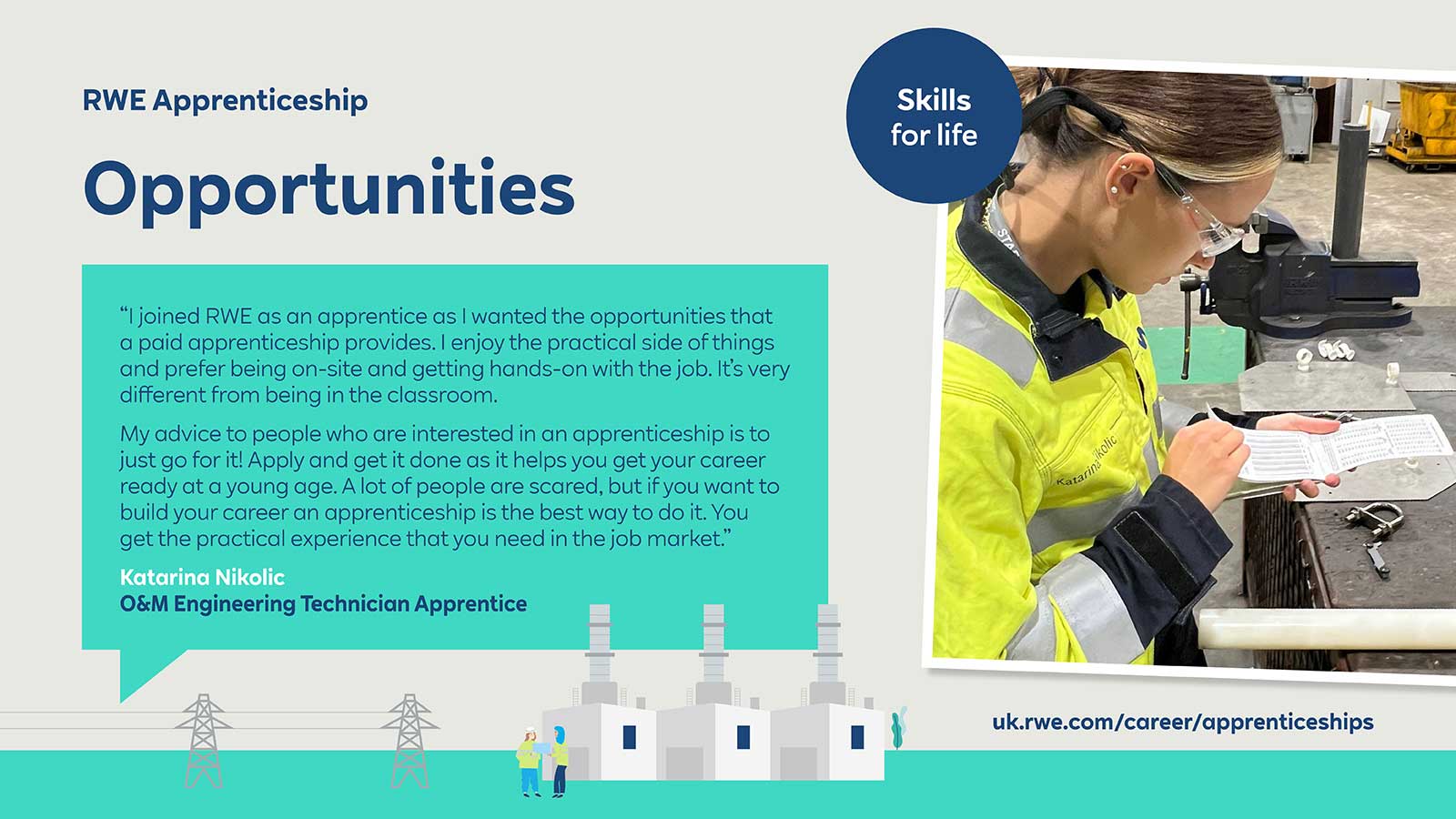 A young female apprentice in a yellow safety jacket reads from a manual while working on machinery. The background shows industrial equipment.