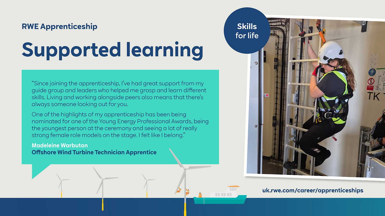 A person in a safety harness climbs a ladder indoors, showcasing apprenticeship and skills development in offshore wind energy.