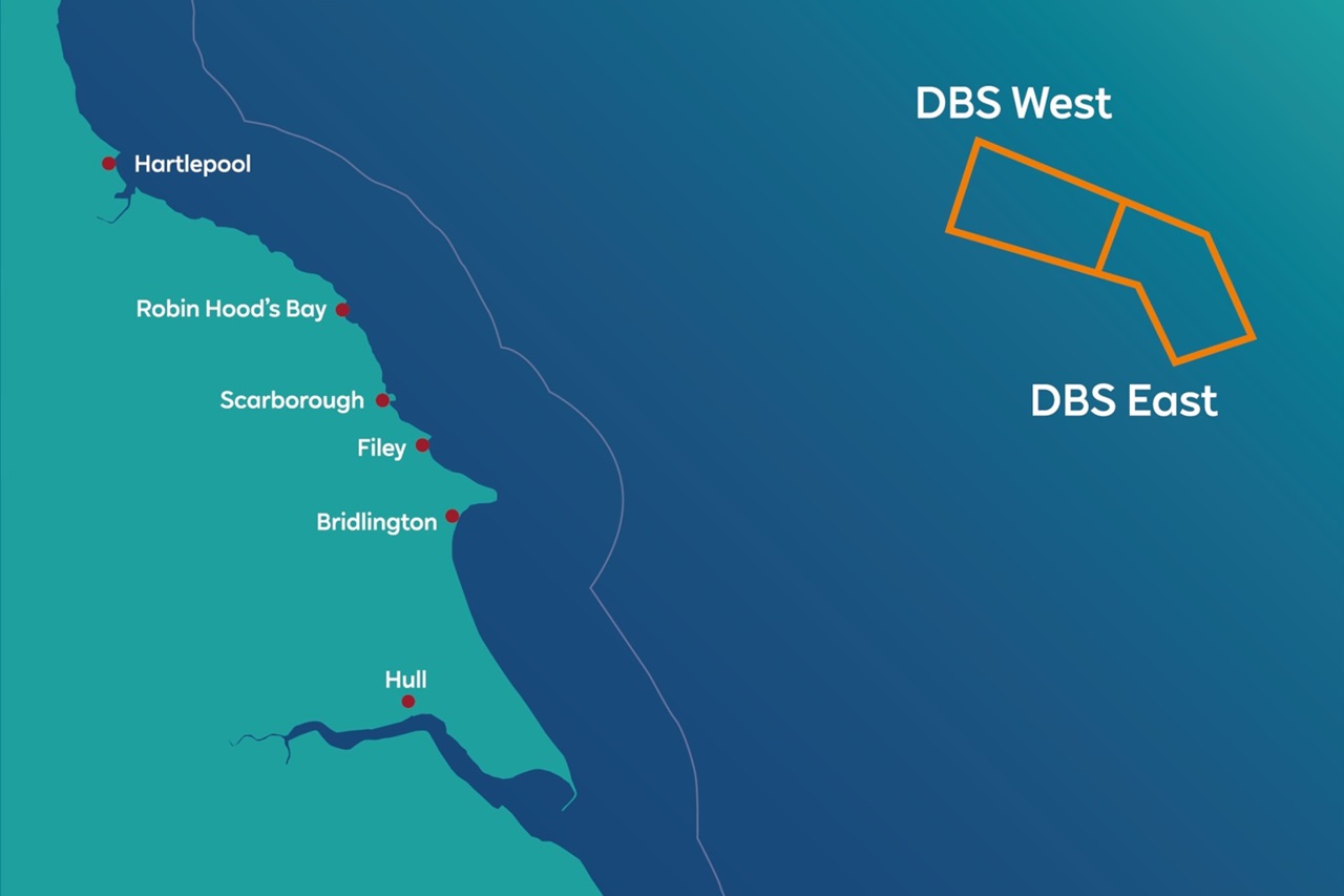 A map showing east Yorkshire, highlighting coastal towns and DBS West and East areas in orange.