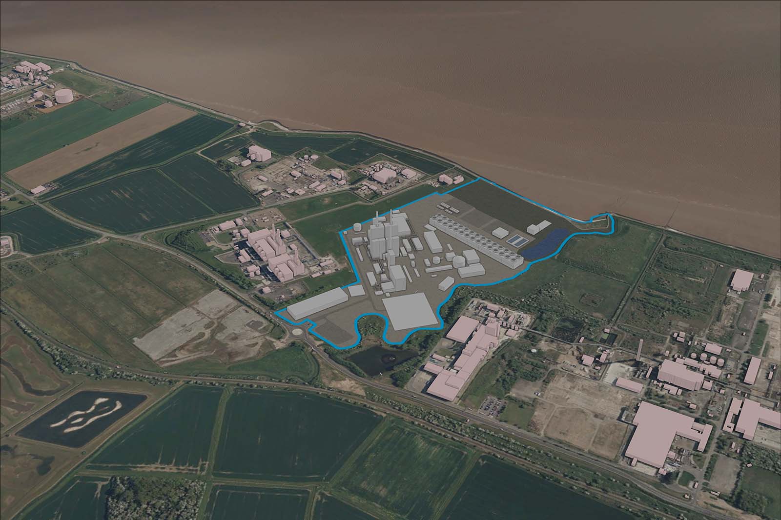 Aerial view of an industrial site outlined in blue along a muddy coastline, showing grey 3D building models and surrounding farmland.
