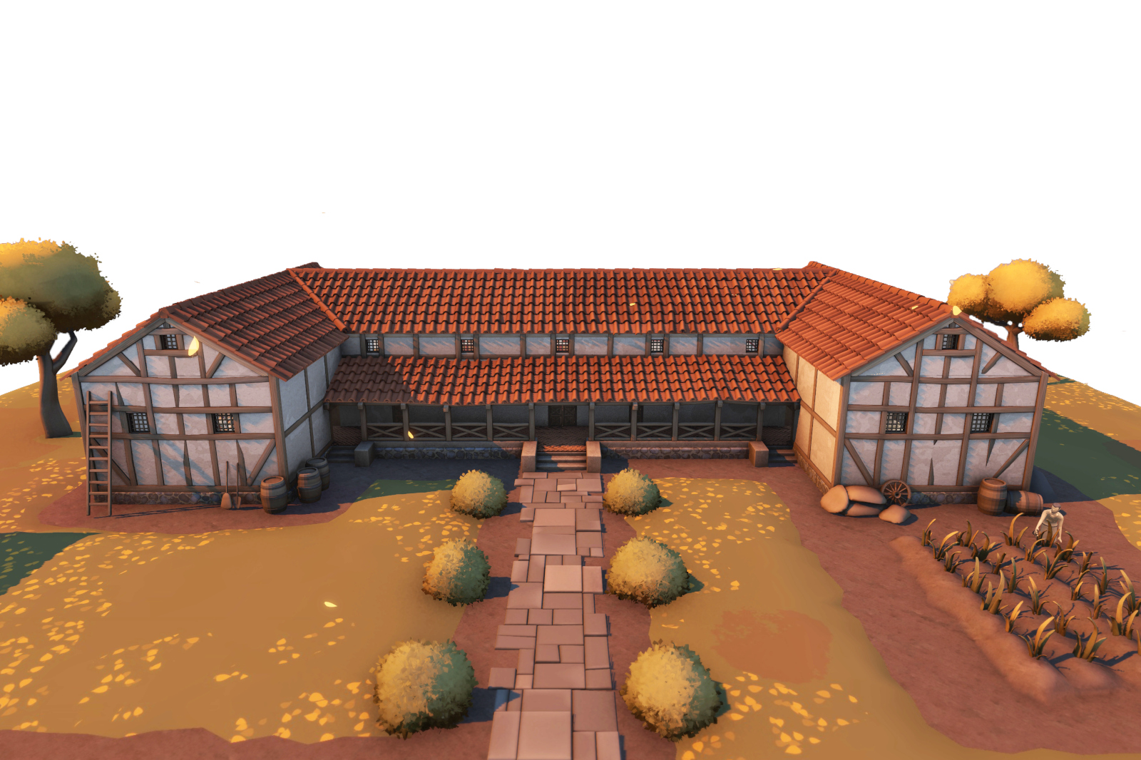 A stylised timber-framed farmhouse with red tiled roofs, a central paved path, bushes, barrels and a person tending a small crop field.