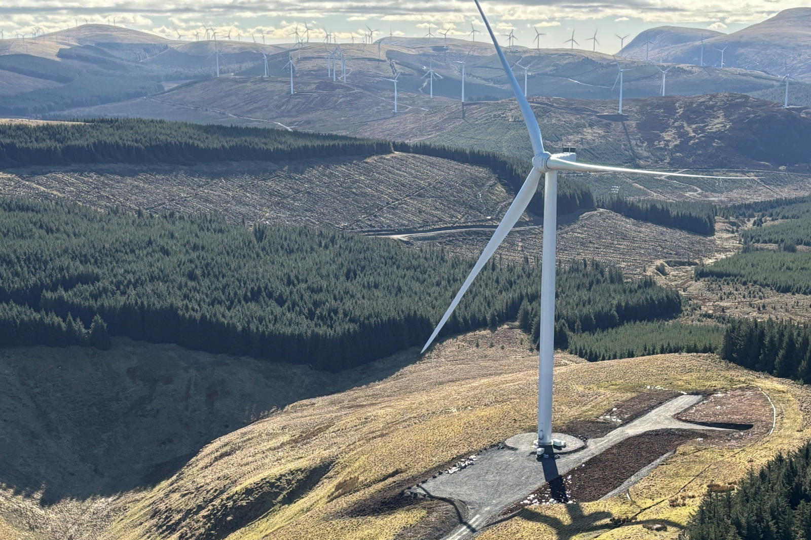 A white metal wind turbine stands on a brown hillside by a paved pad, with dark green forests and distant turbines under a blue sky.