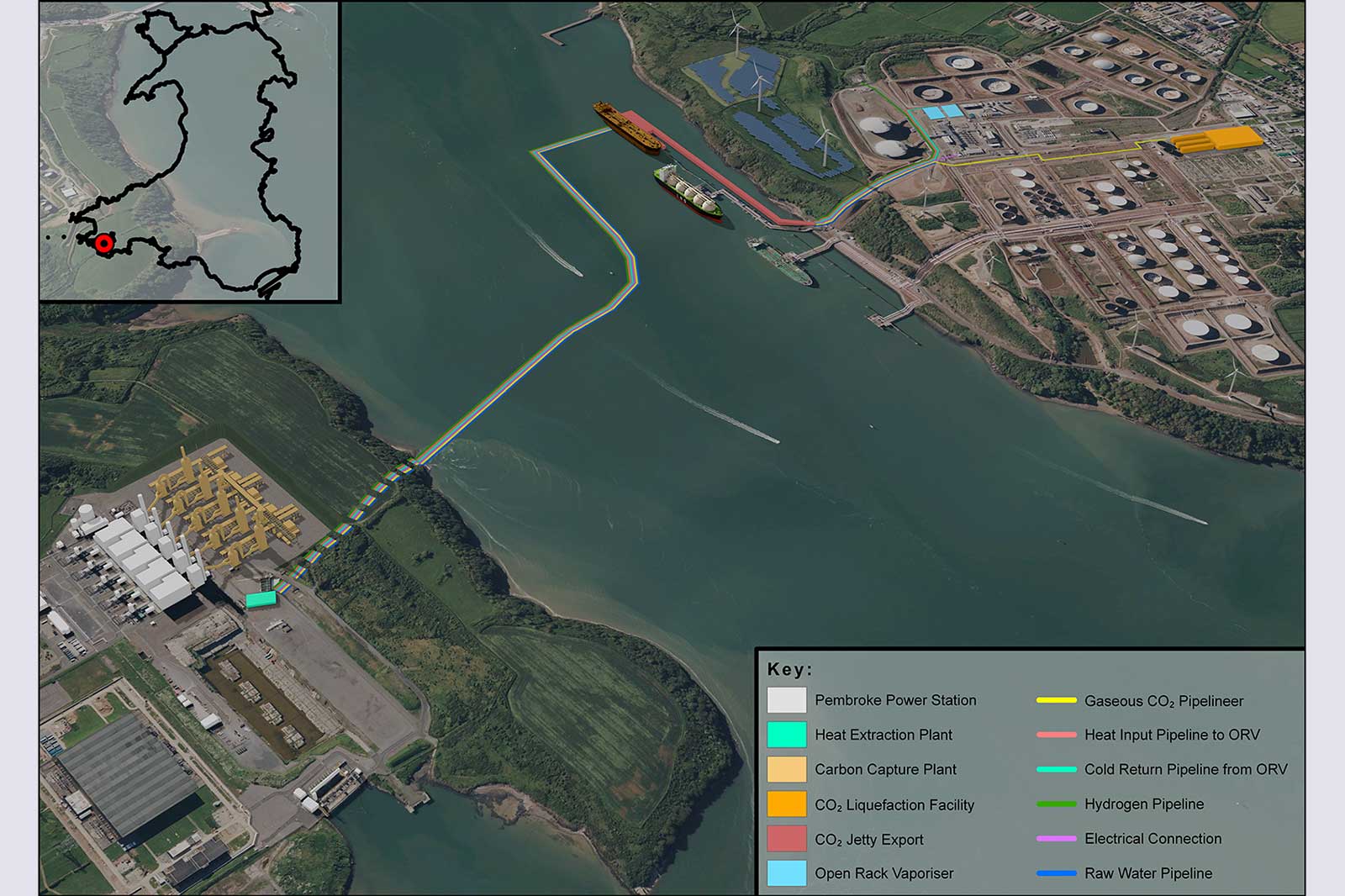 Map of Pembroke Power Station area with key infrastructure elements and pipelines, including CO2 capture facilities and export jetties.