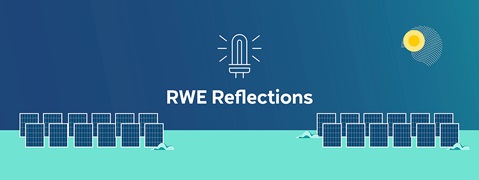 A blue background with solar panels and the text 'RWE Reflections' is featured alongside a light bulb symbol and sun illustration.