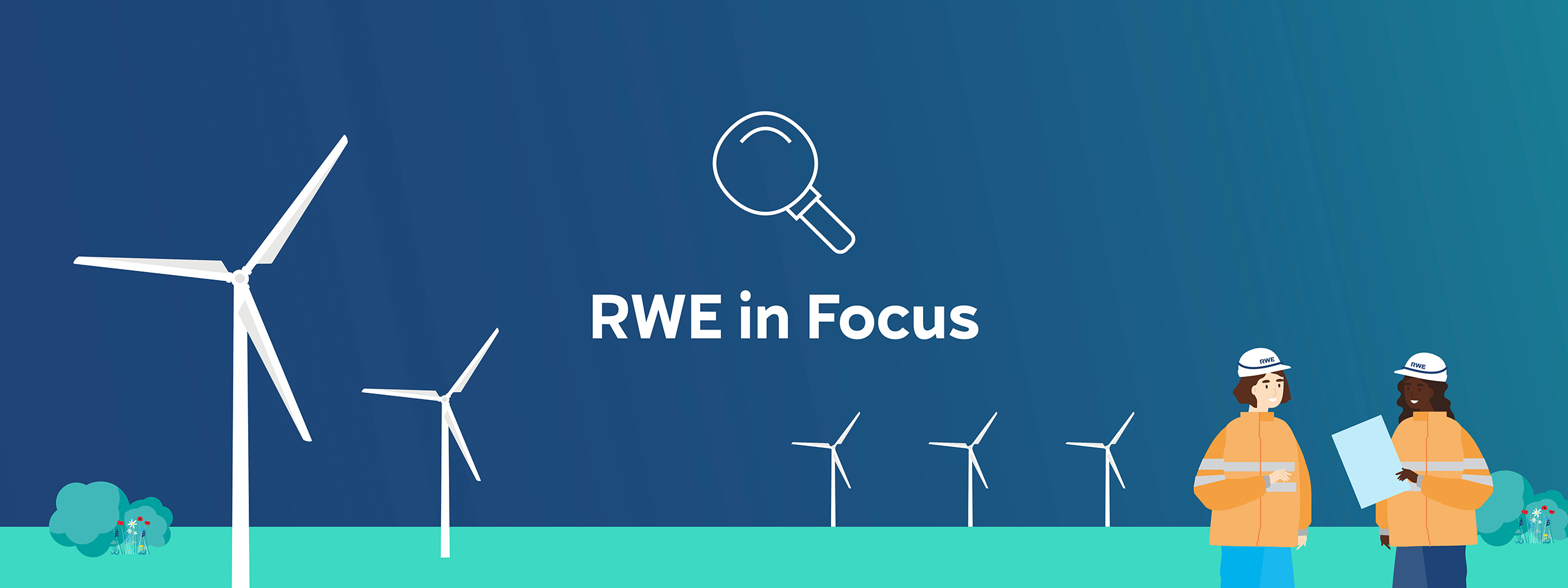 Two workers in orange jackets and white helmets stand at right before white wind turbines under a blue-to-teal sky with the text "RWE in Focus".