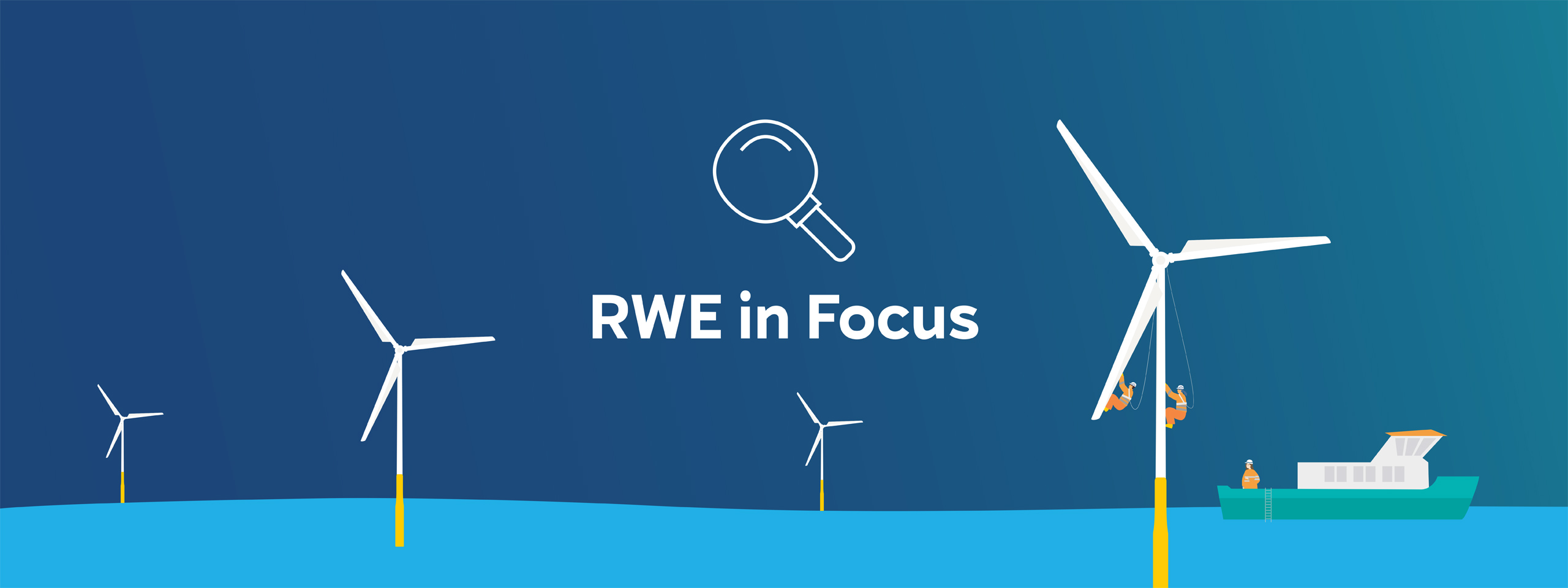 A graphic showing wind turbines on blue water with workers on a turbine and a boat nearby, titled 'RWE in Focus'.