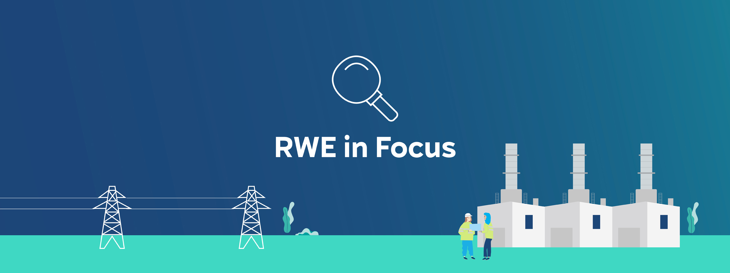 A graphic showing 'RWE in Focus' with power lines and two industrial buildings in the background.