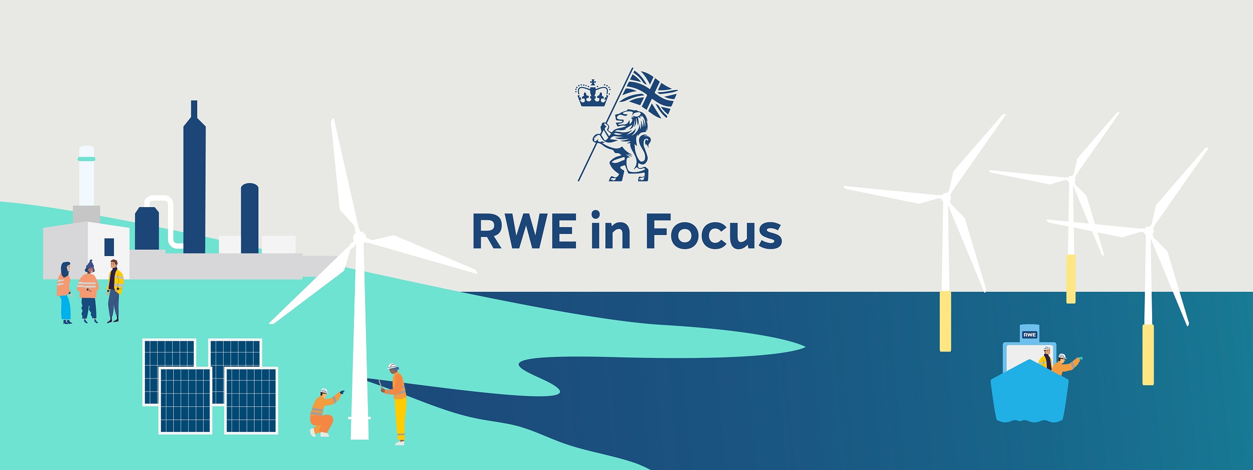 An illustration of renewable energy, featuring wind turbines and solar panels, with workers engaging in various tasks.