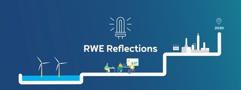 A graphic featuring wind turbines, people at desks, and an industrial scene labelled 'RWE Reflections' with a 2030 marker.