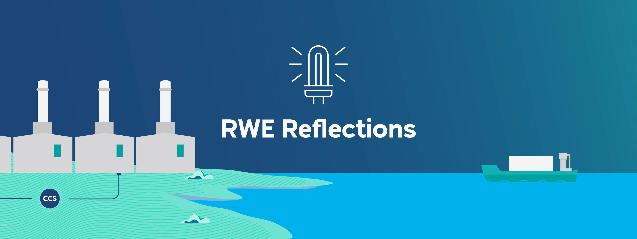 RWE Reflections logo with industrial buildings and a boat on blue water, incorporating CCS elements.