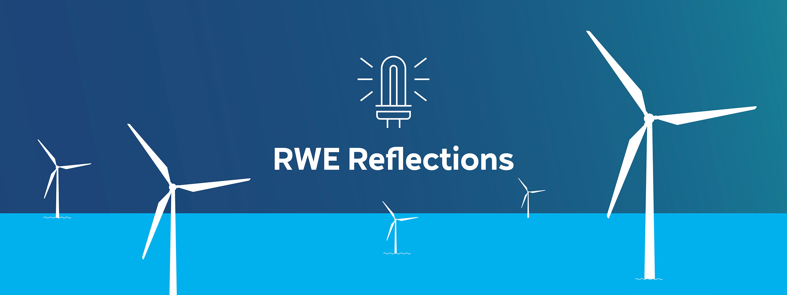 A graphic featuring wind turbines in blue ocean water, with the text 'RWE Reflections' and a light bulb icon above.