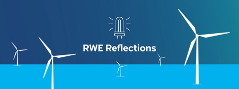 A graphic featuring wind turbines in blue ocean water, with the text 'RWE Reflections' and a light bulb icon above.