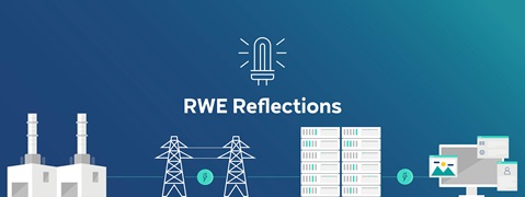 Centered white lightbulb icon above the text "RWE Reflections" with white illustrations of a power plant, transmission towers and server racks on a teal gradient background.