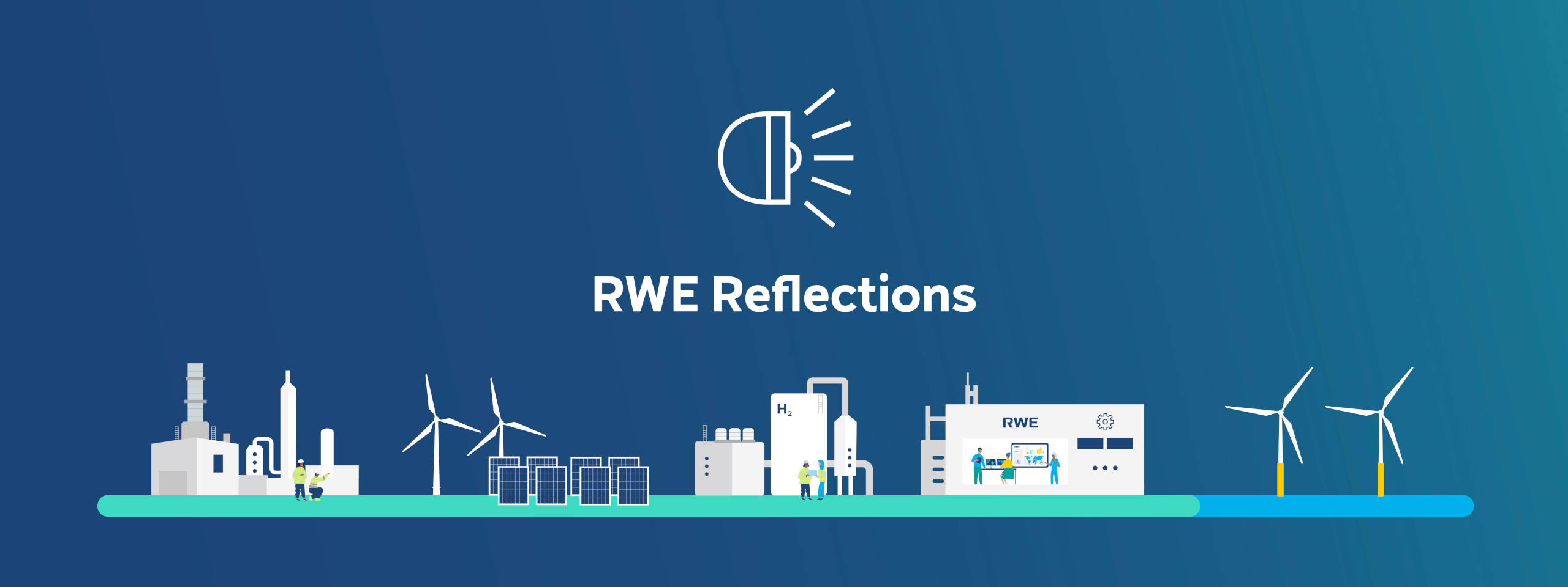 Stylized white industrial skyline with wind turbines, battery blocks and workers against a blue-green gradient, featuring the text "RWE Reflections" and "RWE" on a building.