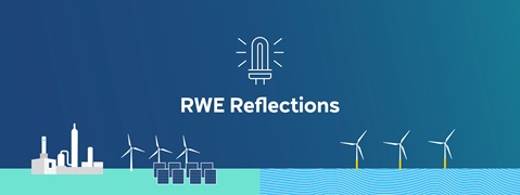 A digital illustration featuring wind turbines, solar panels, and a factory, representing renewable energy with 'RWE Reflections' text.