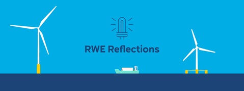 A graphic featuring two wind turbines, a ship, and the text 'RWE Reflections' on a blue background.