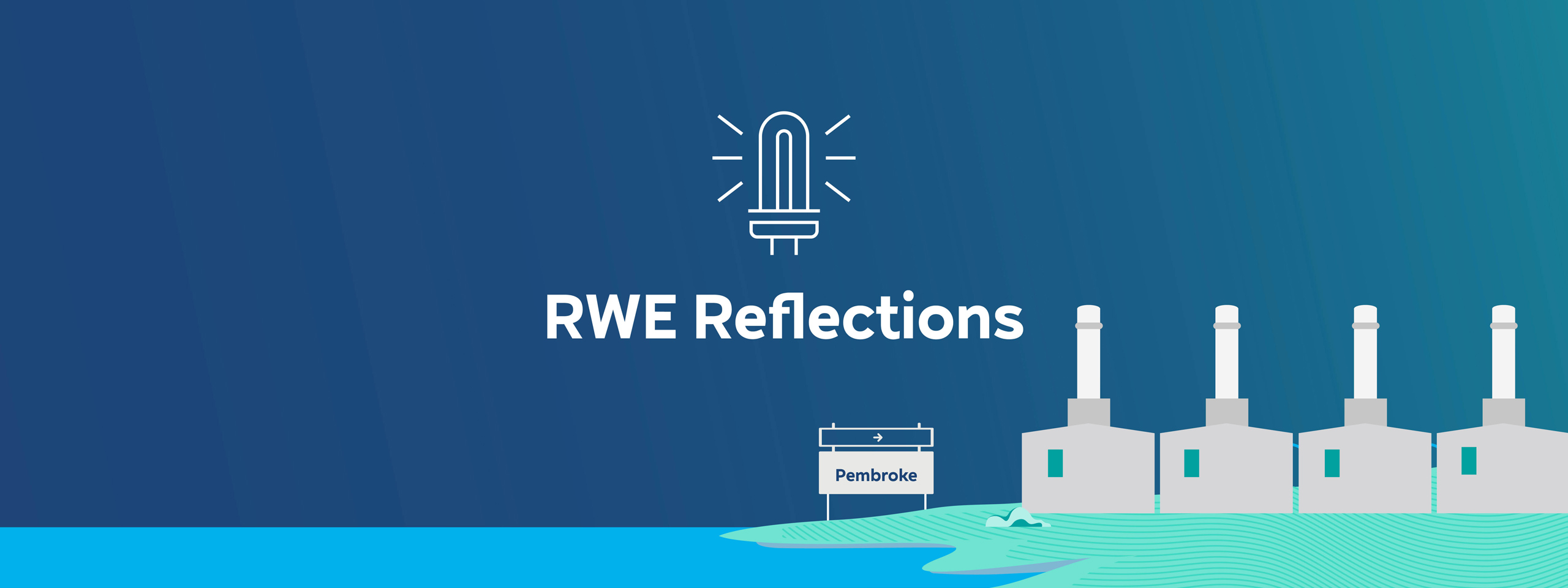 A graphic showing RWE Reflections with industrial buildings by water and a sign for Pembroke.